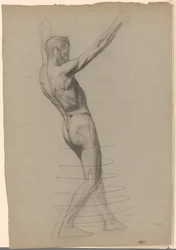 Standing Male Nude with Raised Arms, Facing Right