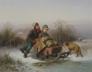 A Boy Pushing a Young Girl in a Sledge