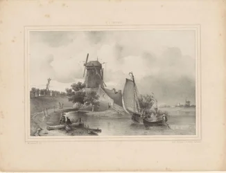 View of River with Sailboat and Mill