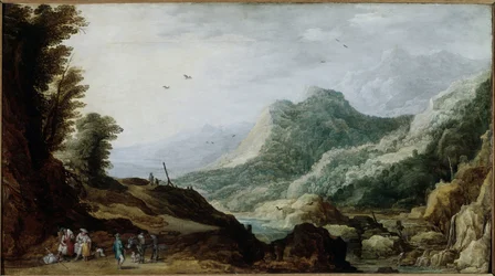 Mountain landscape with a peasant family on the roadside