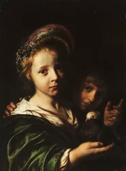 A Girl Holding a Pigeon and a Boy Gesturing