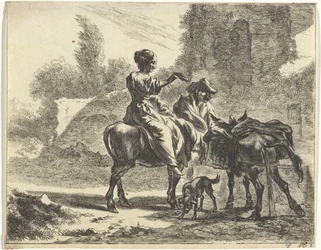 Shepherds and Donkeys by a Drinking Trough