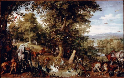 The Eternal Paradise. All the animals of creation represented in pairs. Painting by Jan Bruegel the former known as Bruegel de Velours