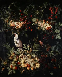 Swags of fruit with flowers round a cartouche with a sulphur crested cockatoo