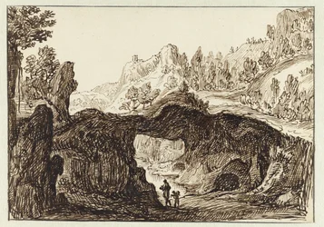 Rocky Mountain Landscape with Two Travelers in the Foreground