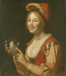 Laughing Girl Showing a Small Picture of a Nude Woman Seen from Behind
