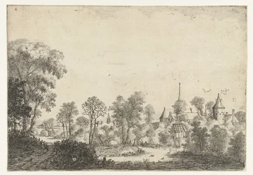 Landscape with View of Village and Man in Boat