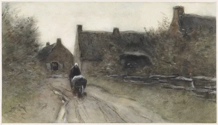 Village Scene with Woman with Wheelbarrow