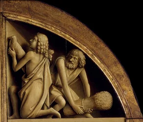 The Ghent Altarpiece. Adoration of the Mystic Lamb: The Sacrifice of Cain and Abel, 1432
