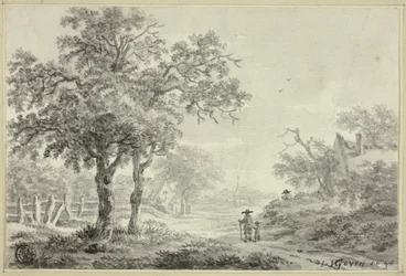 Man and Boy Walking Down Village Road