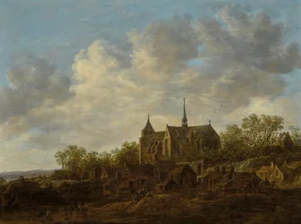 View of a Village with a Large Gothic Church