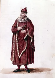 A doge in the 11th century. Watercolour drawing and ink from the manuscript “Customs of the Venitians” by Jan van Grevenbroeck (or Giovanni Grevembroch) (1731-1807)