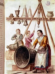 Crafts: the bell maker. Watercolour drawing and ink from a manuscript by Jan van Grevenbroeck (1731-1807)