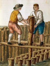 Laying foundations of Venetian lagoon, illustration from Dress of Venetians manuscript