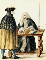 Magistrate playing cards with masked man