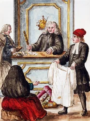 Pawn shop, illustration from Illustrated book of Venetian costumes, by Jan Grevenbroeck, watercolour, Italy