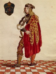 Suit of knight of Confraternity de la Calza (Stocking) in 1564, from illustrated book of costumes