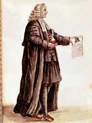 The apothecary holding in his hands a small vial and a prescription. Drawing in watercolour and ink from a manuscript by Jan van Grevenbroeck (1731-1807)