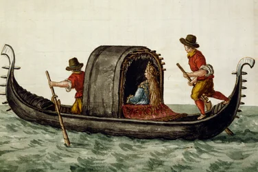 Venetian bride being taken by gondola to her wedding