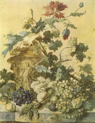 Flowers in an Urn Decorated with Figures Surrounded by Fruit on a Plinth