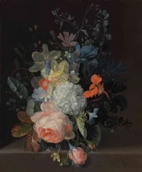 Vase of Flowers on a Ledge, with a Rose, a Snowball, Daffodils, and Irises