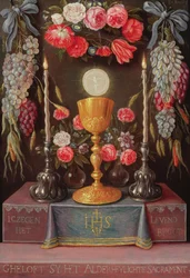 A Chalice with the Eucharist in a cartouche decorated with flowers and fruit, c.1664
