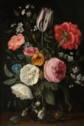 Roses, a Tulip, a Peony, a Cherry Blossom and a Centaurium in a Glass Vase on a Ledge