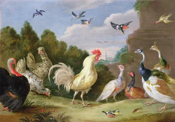 Wooded Landscape with a Cock, Turkey, Hens and other Birds, 17th century