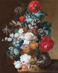 A Still Life of Flowers Including Poppies, Antirrhinums, and a Bird