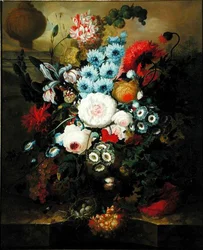Carnations, Morning Glory, Roses, Auriculas, Hyacinth and Other Flowers with a Birds Nest on a Marble Ledge