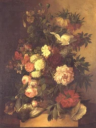 Peonies, roses and other flowers in an urn
