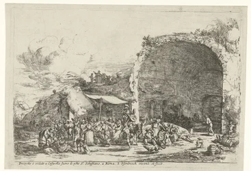 Festivities at the Ruins of the Cave of the Nymph Egeria, Prospetto e veduto a Cafarelle fuoro di porte S. Sebastiano, a Roma (title on object)