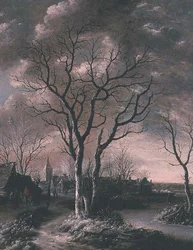 A Frozen River Landscape with Travellers on a Path
