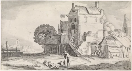 Three Conversing Figures at an Inn (series title: Pleasant Landscapes and Delightful Sights)