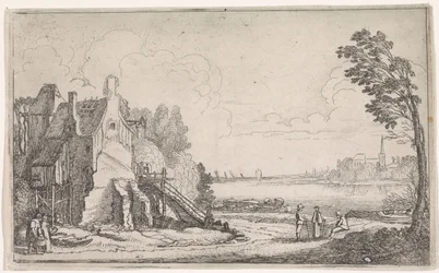 Figures by a Dilapidated House by a River