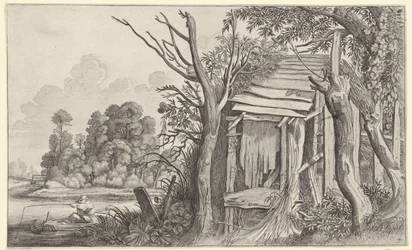 Angler by a Dilapidated Hut in a Landscape