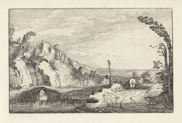 Covered Wagon on a Path in a Mountainous River Landscape