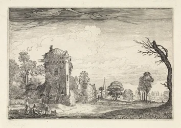 Hunters with Dogs by a Tower in a Landscape