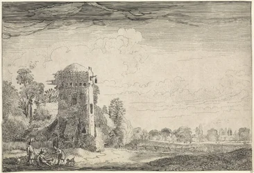 Hunters with Dogs by a Tower in a Landscape (series: Landscapes, Amenissimae aliquot requculae)