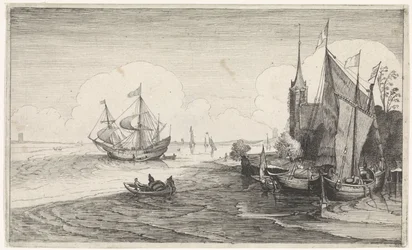 Ships off a coast near a church (Seascapes)