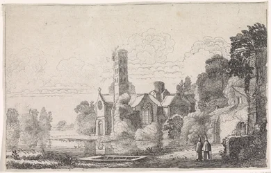 Two Monks by an Abbey in a River Landscape