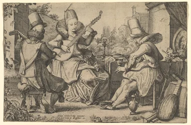 Two Elegantly Dressed Men and a Woman in a Garden, 1613-41