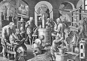Distillation: 16th century engraving by Jan van der Straet on the different stages of distillation.