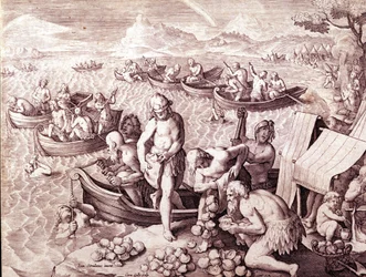 Oyster fishing. 17th century. Engraving by Giovanni Stradano (Jan Van Der Straet) (Johannes Stradanus) (1523-1605)