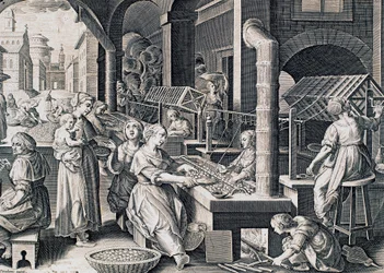 Vermis sericus, women spinning silk and heating silkworms on fire, engraving by Stradanus, Italy