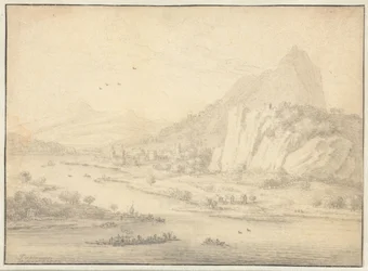 Mountainous River Landscape with Boats