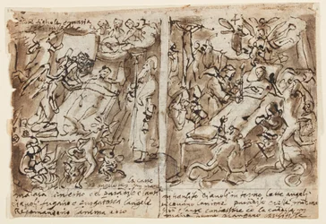 Page of a Sketchbook; Heavenly Powers Helping Pious; Sketch for Portrait of Saint; Decoration of Pediment