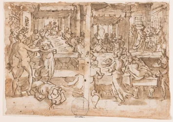 Beheading of St. John the Baptist, Salome Given the Head of St. John the Baptist by the Executioner, Design for Plate 10 in the Life of St. John the Baptist, The Body of Alfonso Piccolomini, Sienese Outlaw Hung