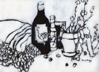 Still Life with Olive Oil and Pine Cones