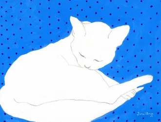 White Cat on Blue with Polka Dots
